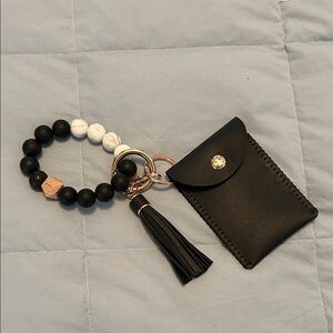 Black Beaded Keychain Wallet with Tassel